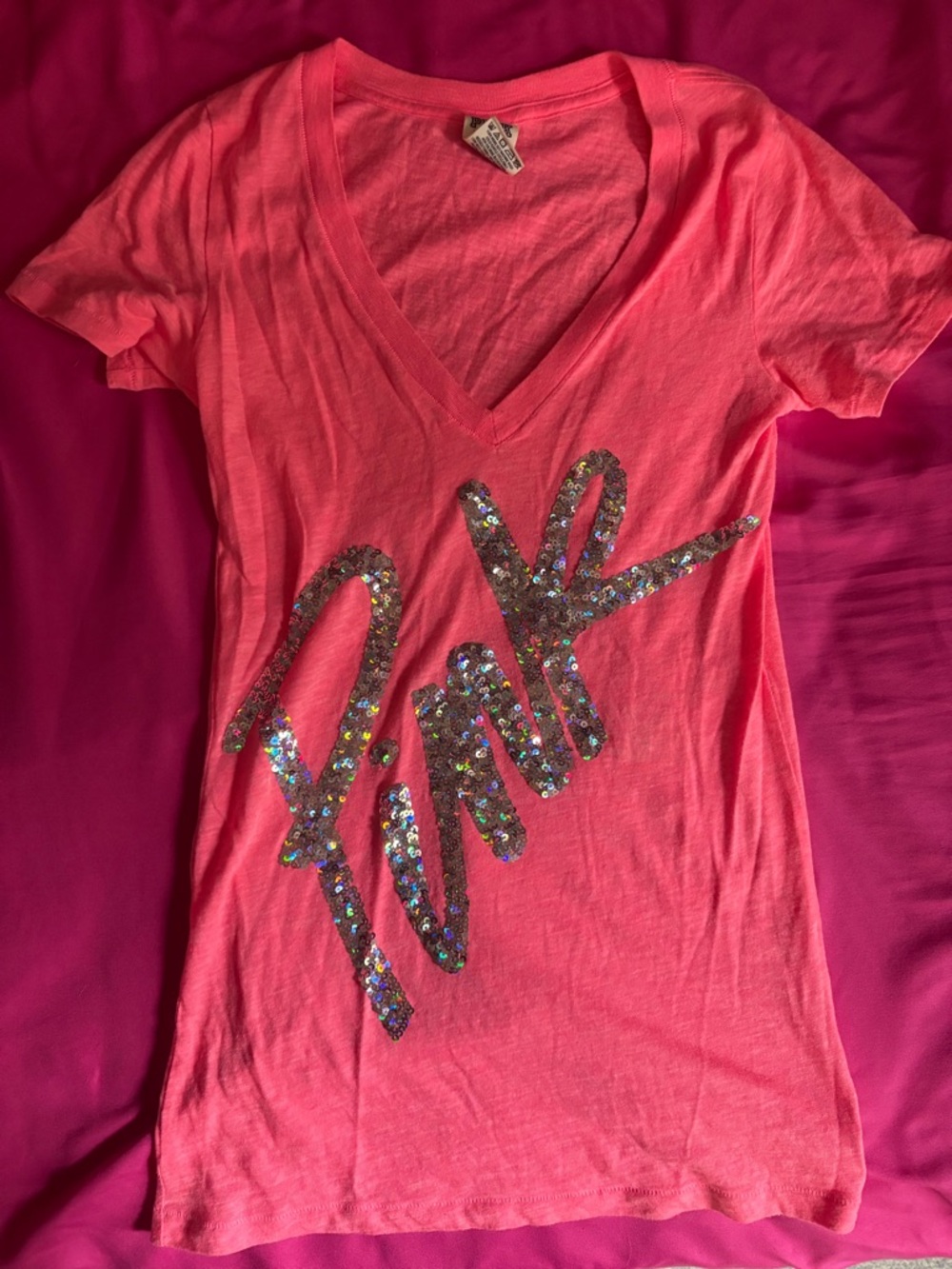 PINK Victoria's Secret Neon Pink V-Neck Tee with Sequin Script